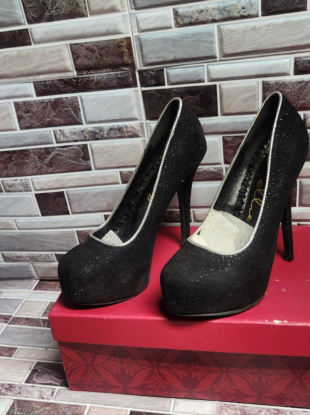 Black Glitter Platform High Heel Pumps for Women